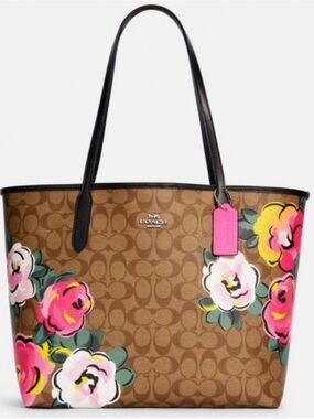 Coach Brown Signature Tote with Pink & Yellow Floral Accents